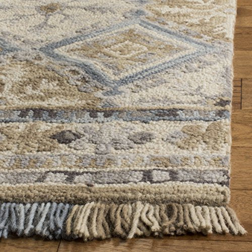 Beige Light Blue Handmade Fringe Wool Runner Rug W21641