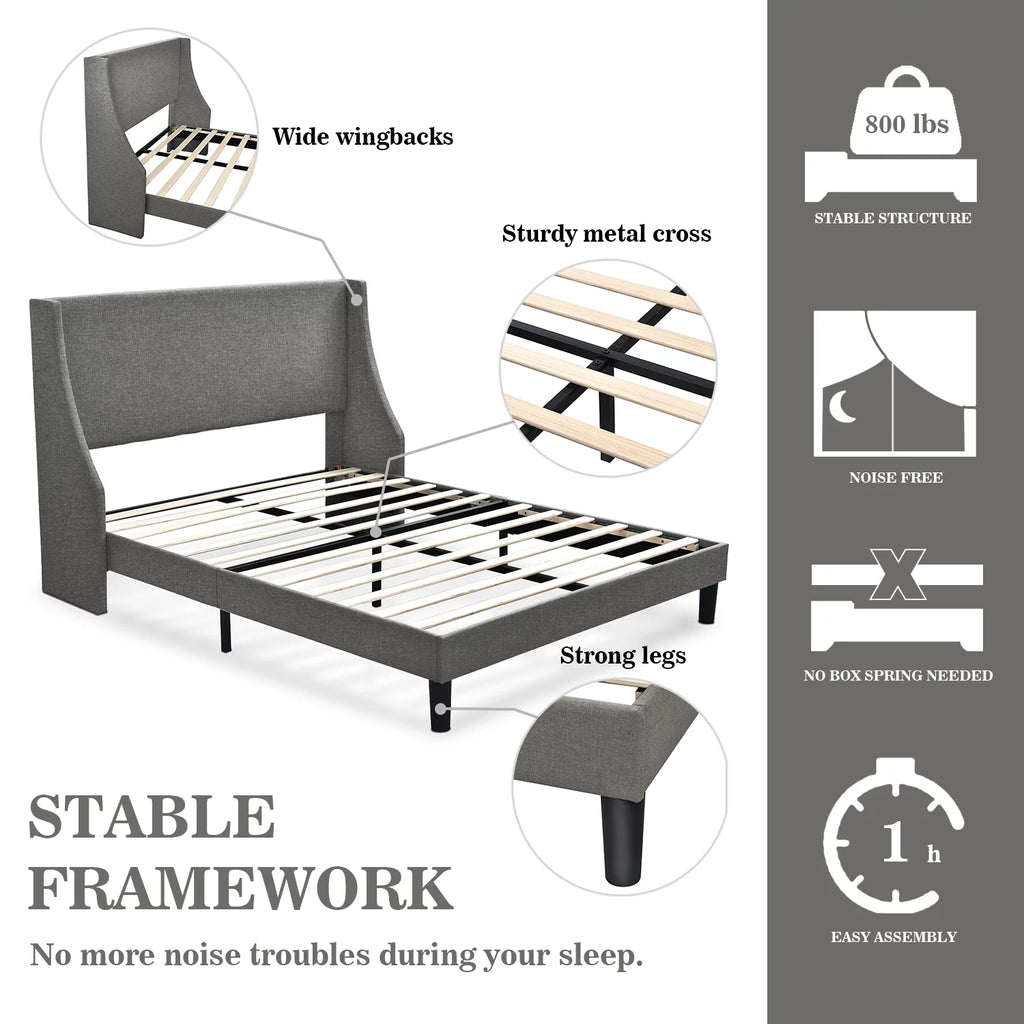 Full Size Fabric Upholstered Platform Bed Frame with Wingback Headboard, Light Grey X859