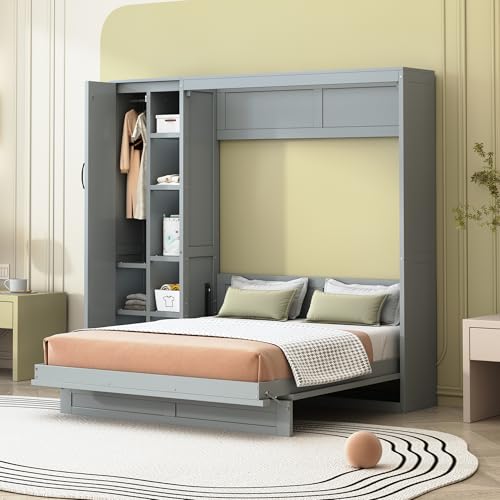 Gray Queen Size Murphy Bed with Storage Shelves and LED Lights U29548