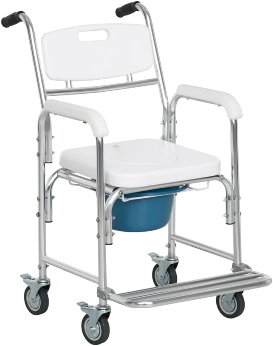 White Rolling Shower Wheelchair with Commode, 4 Lockable Wheels F7335