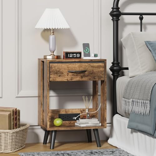Gray Nightstands Set of 2 with Fabric Drawer and Open Wood Shelf R228