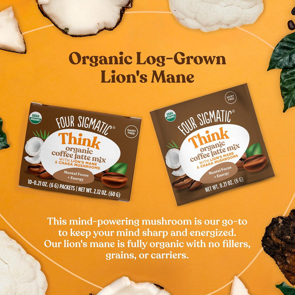 Organic Instant Coffee Latte Mix with Lion's Mane, Chaga Mushrooms & Coconut Milk Powder, 10 Count D628939