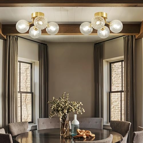 13" 4-Light Gild Brass Clear Ripple Blown Glass Globe Semi Flush Mount Chandelier G9329
