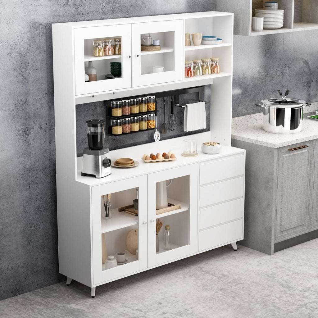 63"W 74.8"W Buffet with Hutch, Freestanding Kitchen Pantry Oak/White M7651
