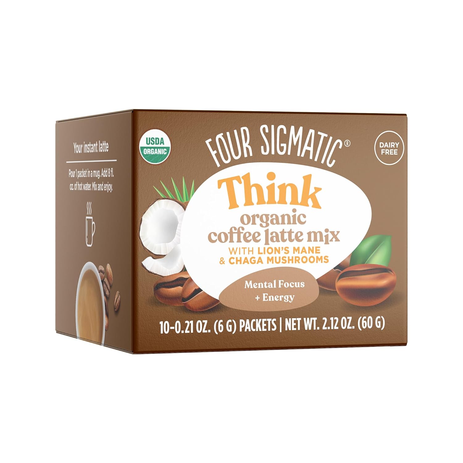 Organic Instant Coffee Latte Mix with Lion's Mane, Chaga Mushrooms & Coconut Milk Powder, 10 Count D628939
