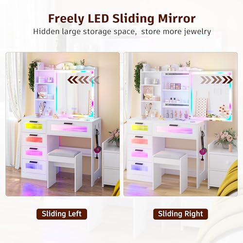 White Vanity Desk with Mirror and Lights, 5 Drawers V208640