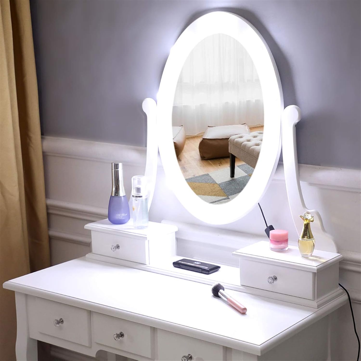 White Lighted Makeup Vanity Set with 10 Light Bulbs and 5 Sliding Drawers K122494