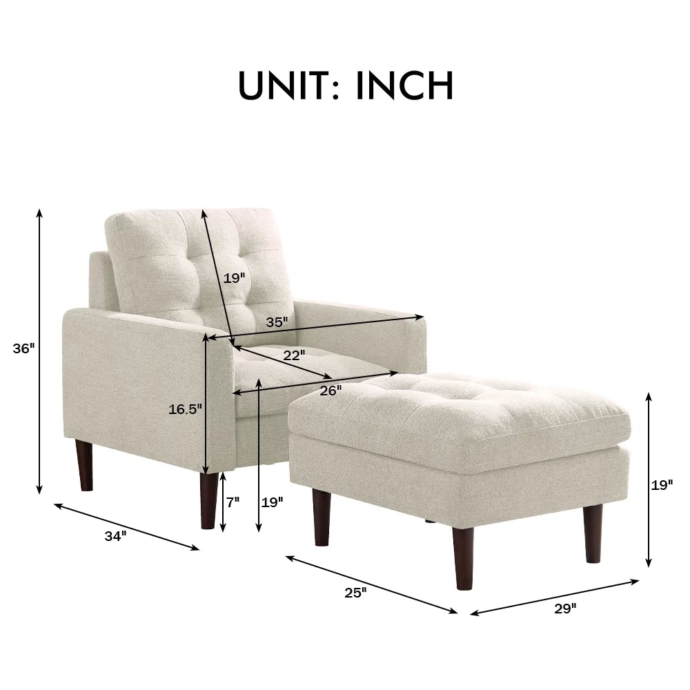 Beige Fabric Accent Chair with Ottoman and Solid Wood Legs P213482