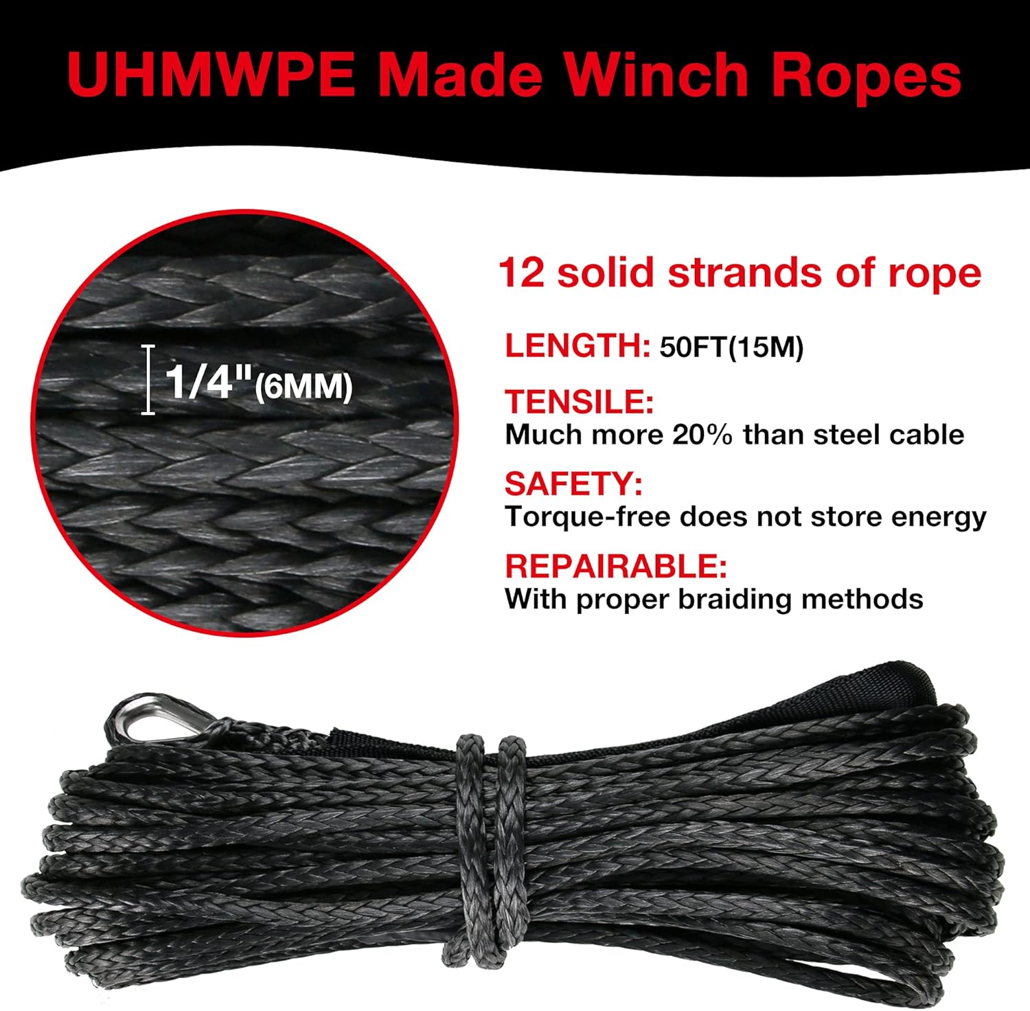 1/4" 50 Ft Black Heavy Duty 10000 lb ATV Winch Rope with Steel Hook Y204990