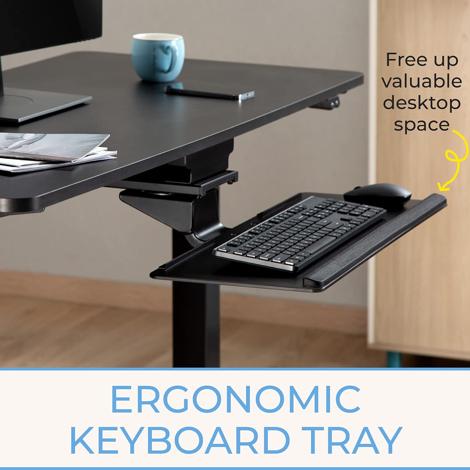 Under Desk Keyboard Tray, Adjustable Tilting Keyboard Shelf, Screw On Under Desk Storage with Cable Clips (26.5in x 10in / Black) T812503