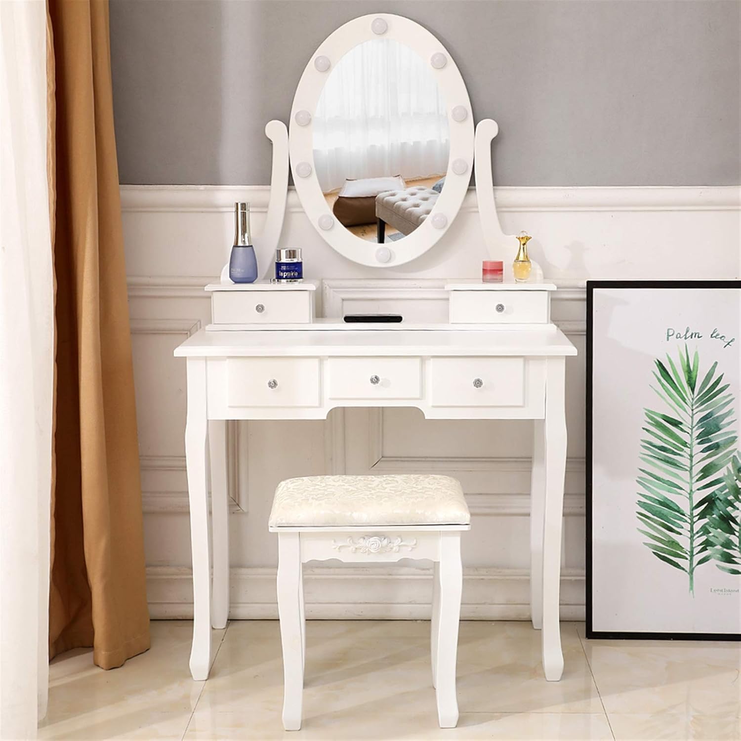 White Lighted Makeup Vanity Set with 10 Light Bulbs and 5 Sliding Drawers K122494