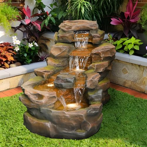 37" 5-Tiers Rock Natural Waterfall Outdoor Fountain with LED Lights K8812