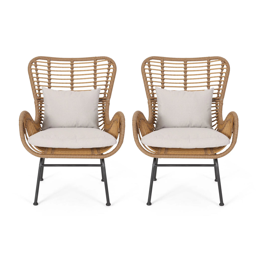 Set of 2 Light Brown Beige Wicker Club Chairs with Cushions S6774