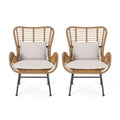 Set of 2 Light Brown Beige Wicker Club Chairs with Cushions S6774