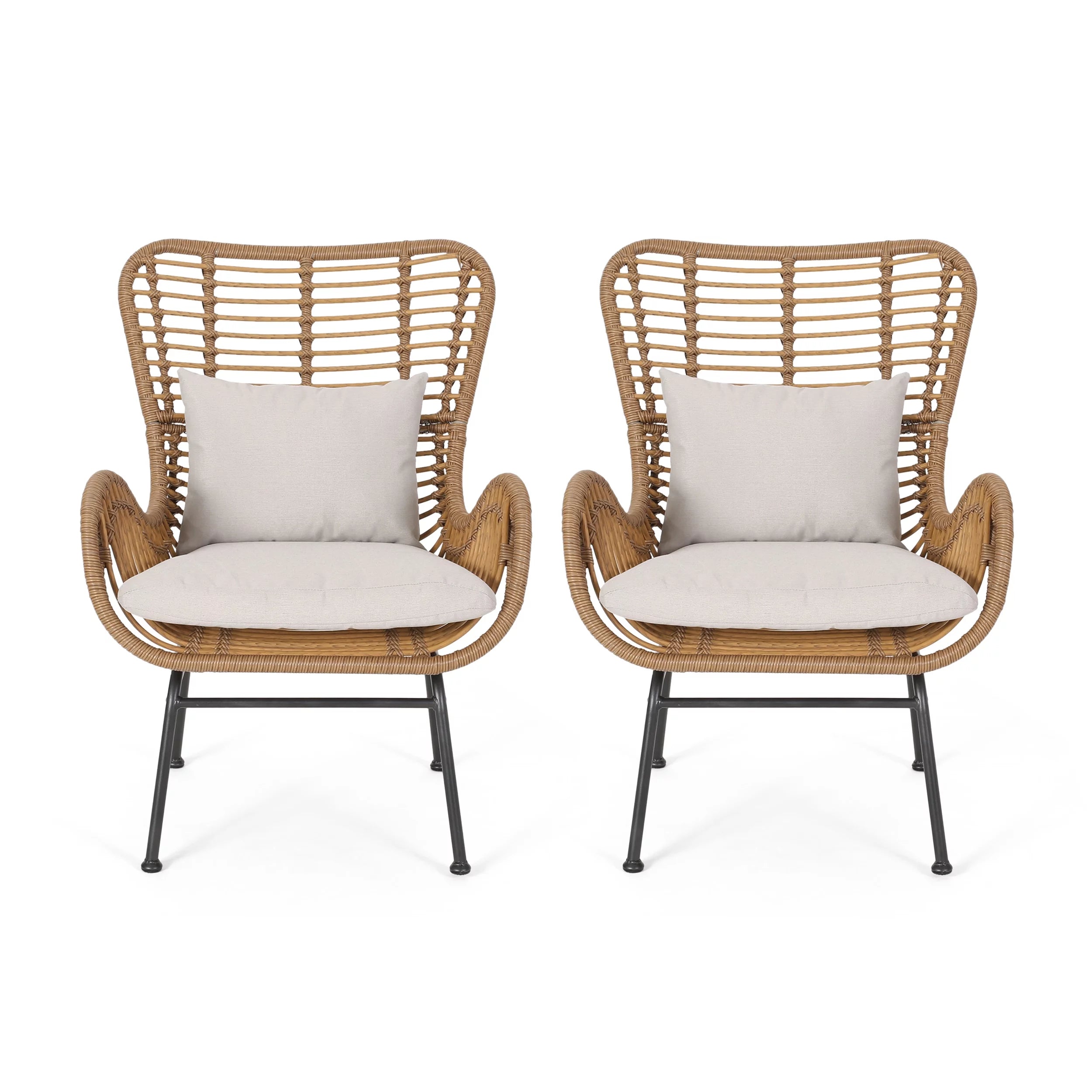 Set of 2 Light Brown Beige Wicker Club Chairs with Cushions S6774
