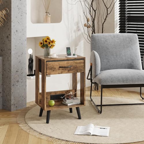 Gray Nightstands Set of 2 with Fabric Drawer and Open Wood Shelf R228