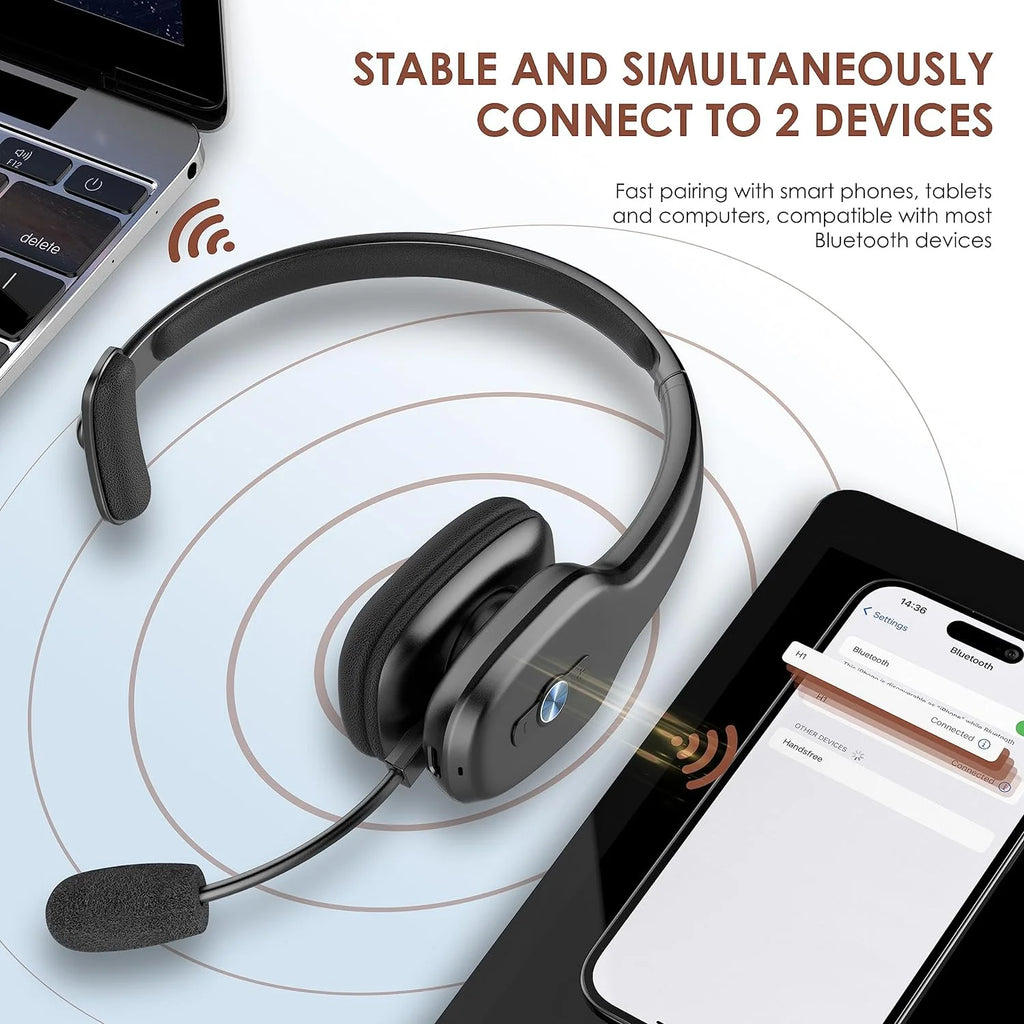 Bluetooth Headset with Noise Canceling Microphone, 60 Hours Working Time Wireless On-Ear Headset K37910